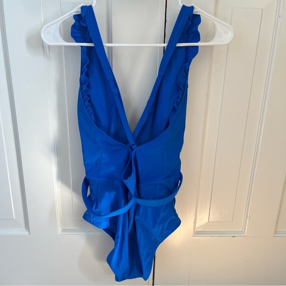 Skinny Dippers solid blue cinch ruffle sleeve one piece swimsuit - Size M - Picture 5 of 7